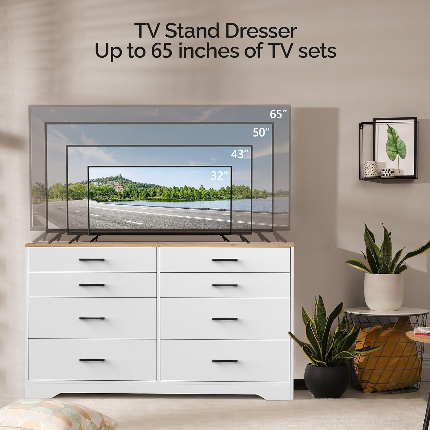 VINGLI 8 Drawer Dresser for Bedroom, White with Brown Top I1298