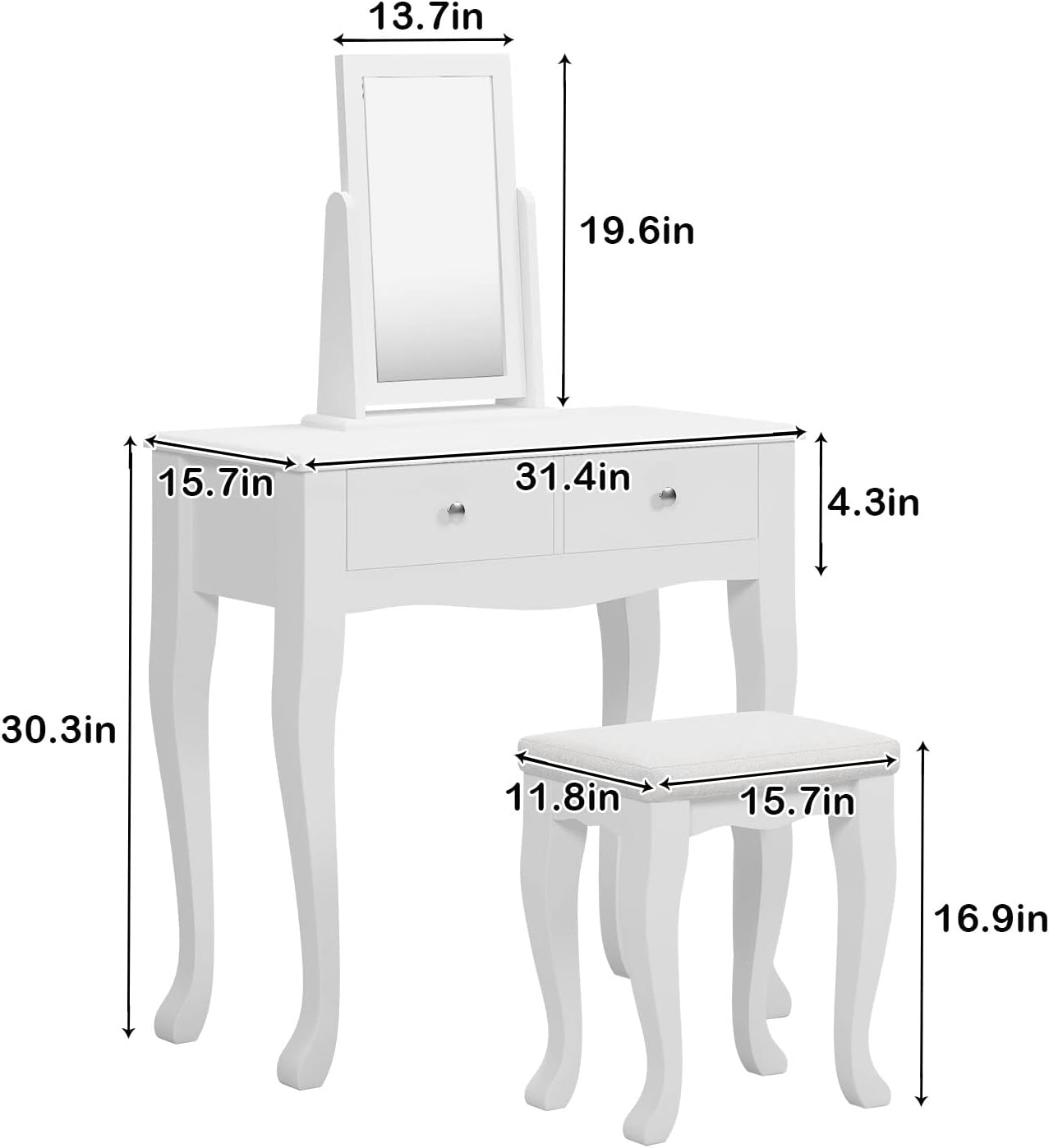 sogesfurniture Vanity Dressing Table Set with Pivoting Mirror and Stool, White X62280