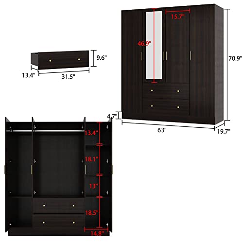FAMAPY 4-Door Wardrobe Closet with Mirror, White O943