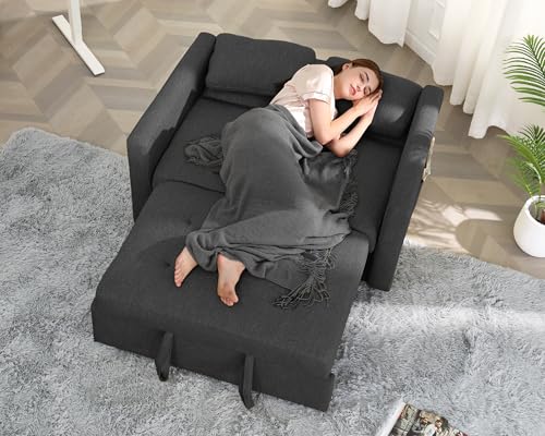 3-in-1 Convertible Sleeper Sofa Bed with Adjustable Backrest, Linen Fabric, Sky Blue K365