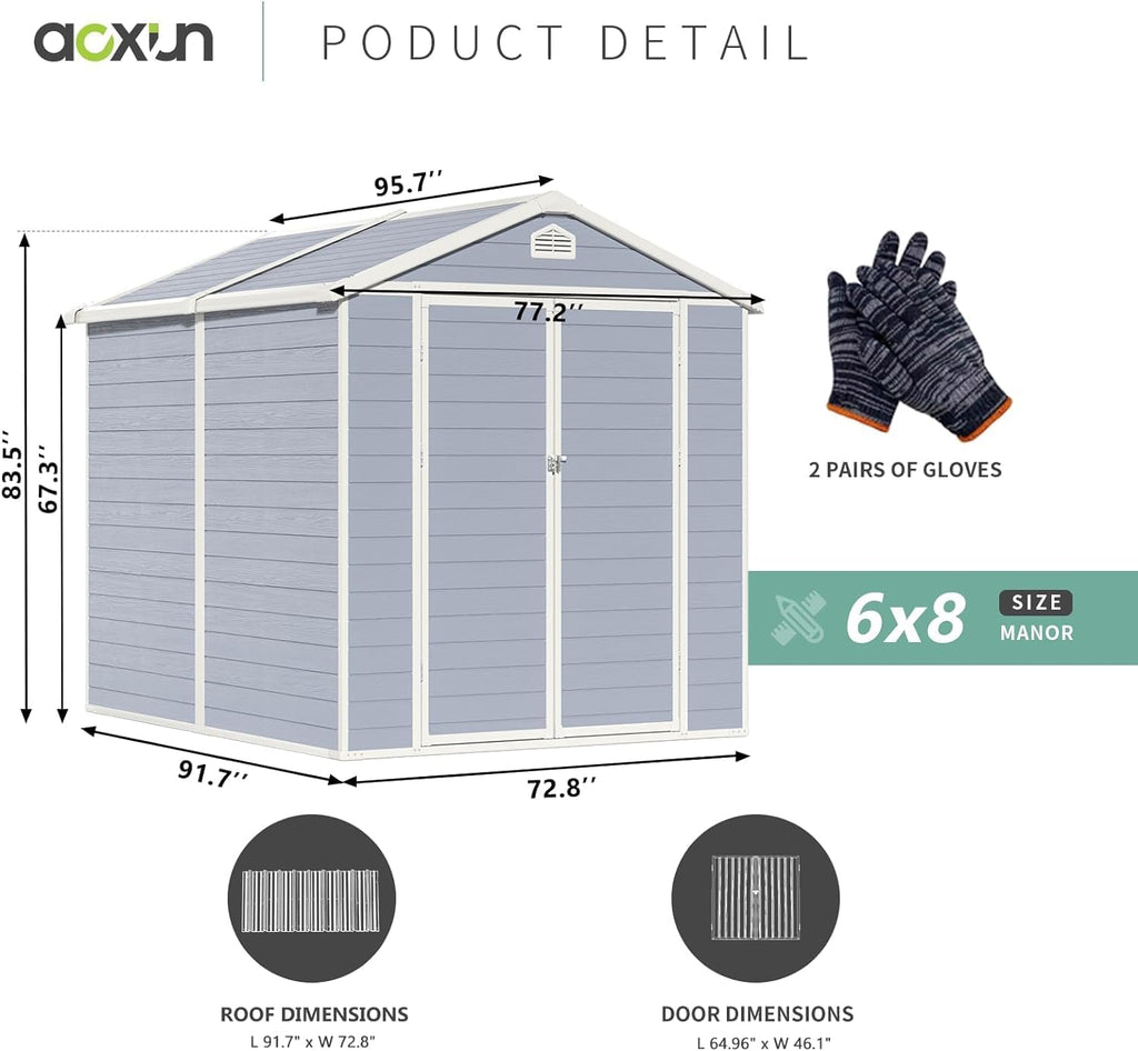 Aoxun 6'x8' Resin Outdoor Storage Shed for Backyard, Gray J1146