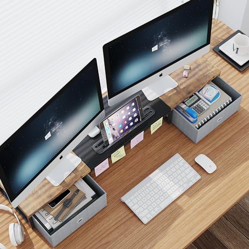 Dual Monitor Stand Riser with 2 Drawers, 39Inch Wooden Desktop Organizer, White R953128