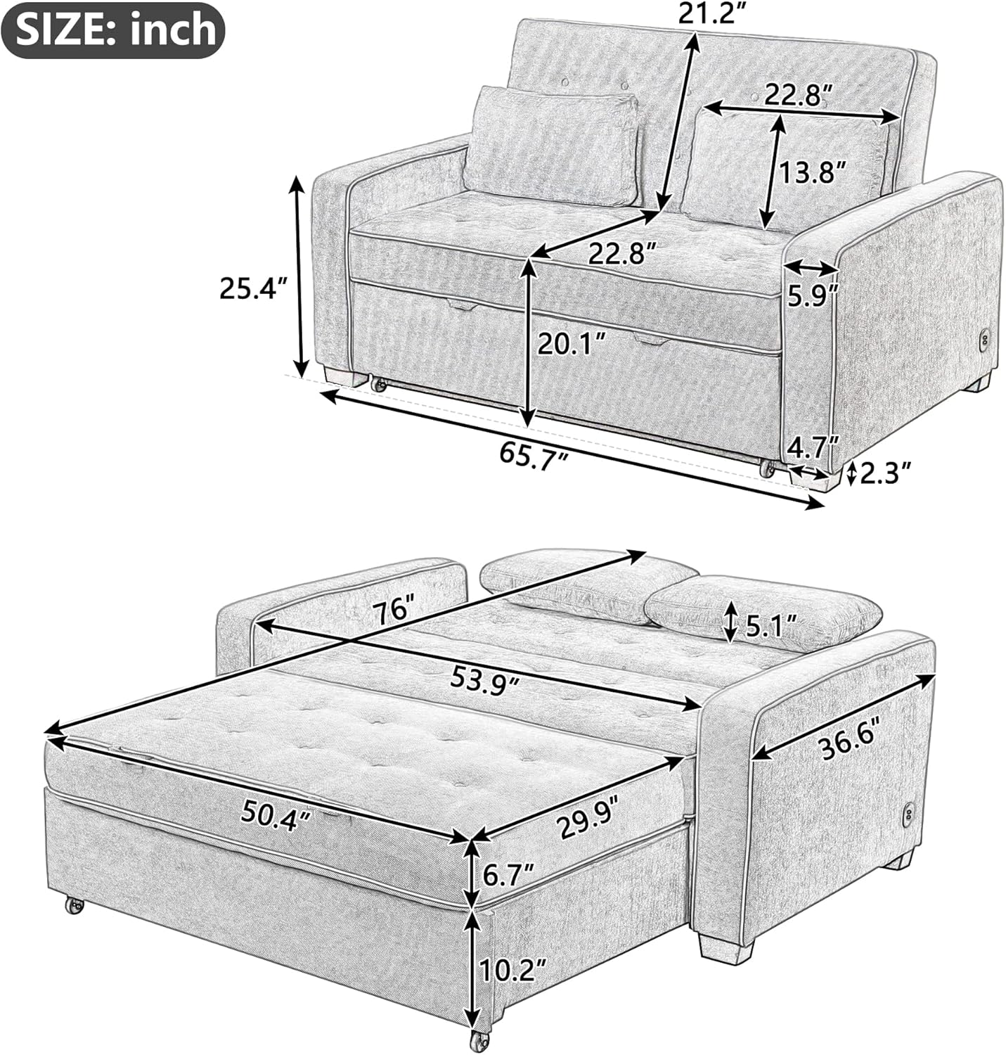 3 in 1 Pull Out Sofa Bed with Adjustable Backrest and USB Charging Port K98421