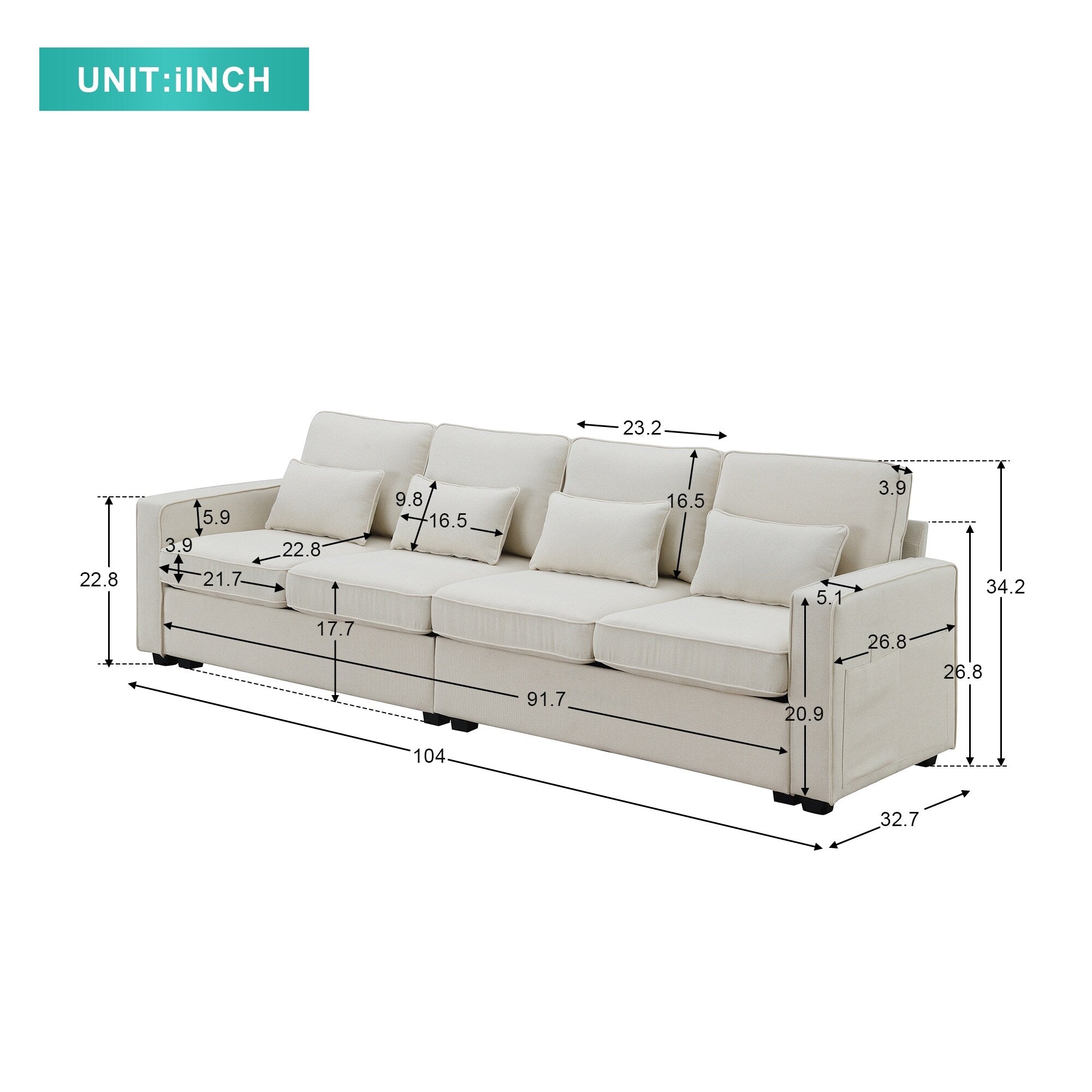 Modern Linen Fabric 4-Seater Sofa with Removable Cushions E6267