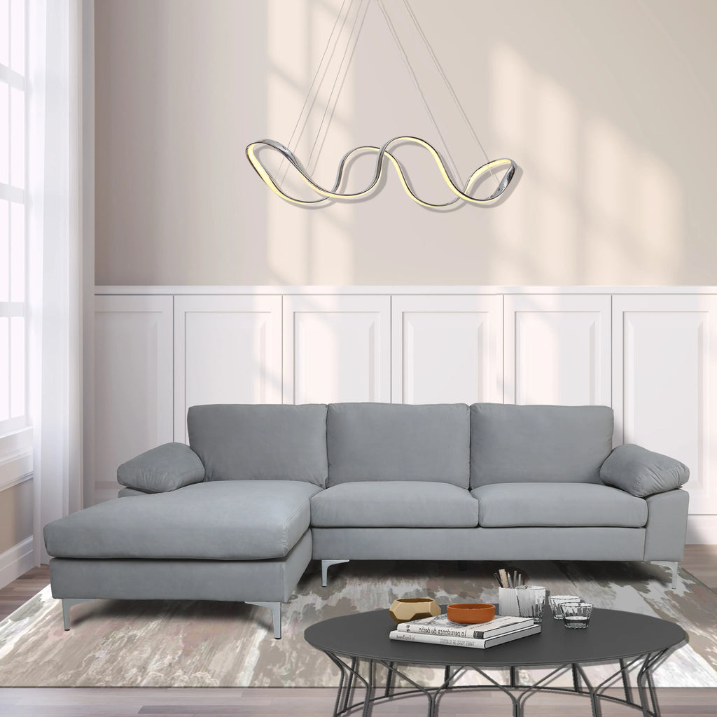 Fooing Modern Velvet L-Shape Sofa with Extra Wide Chaise, Gray M738
