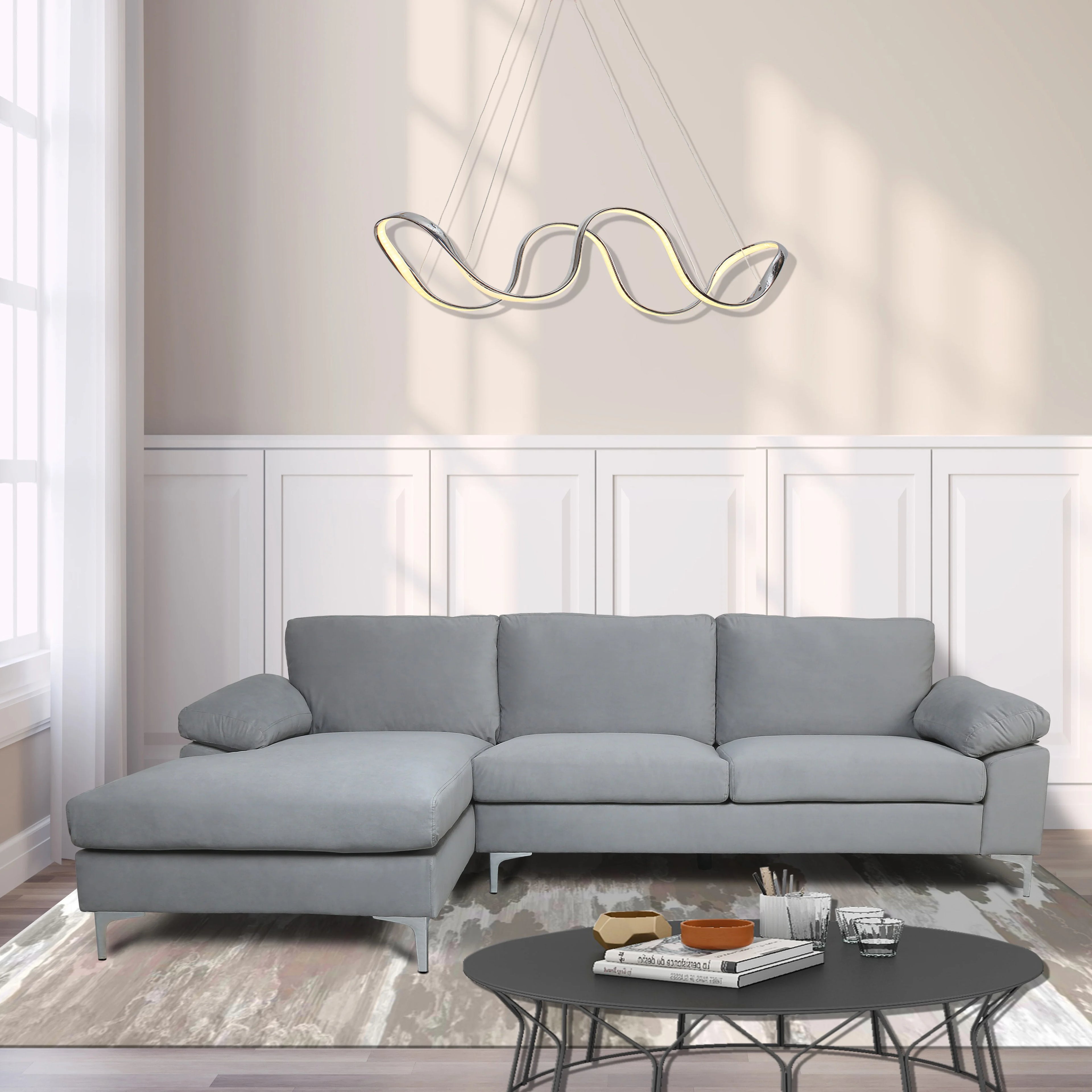 Fooing Modern Velvet L-Shape Sofa with Extra Wide Chaise, Gray M738