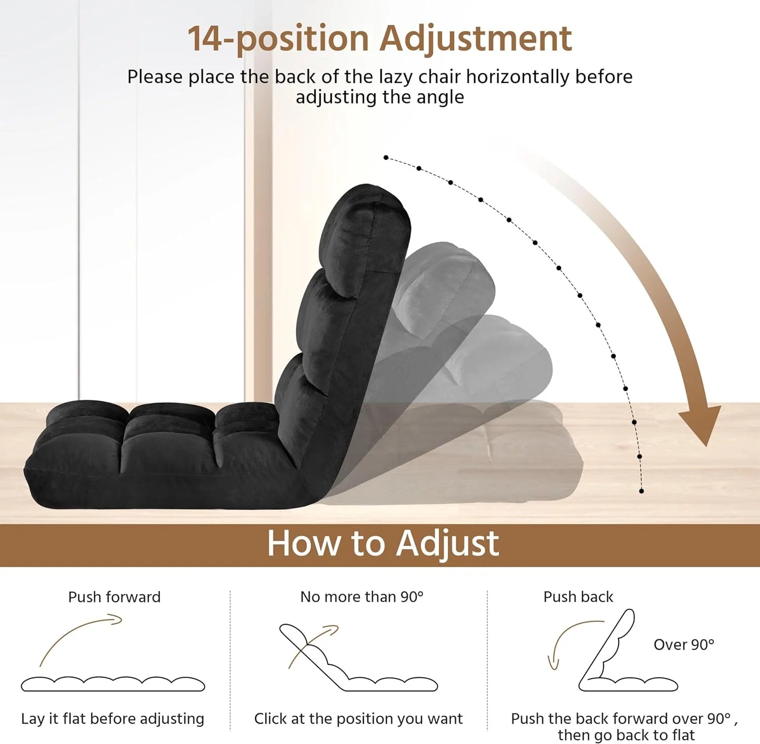 Adjustable 14-Position Floor Chair Folding Gaming Sofa with Back Support, Black J820108