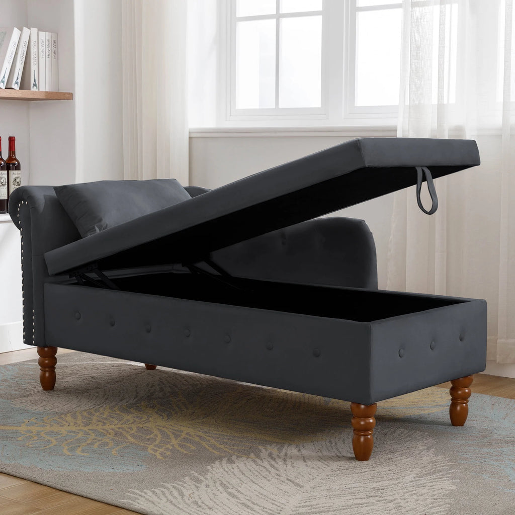 Black Velvet Chaise Lounge with Storage and Pillow L22734