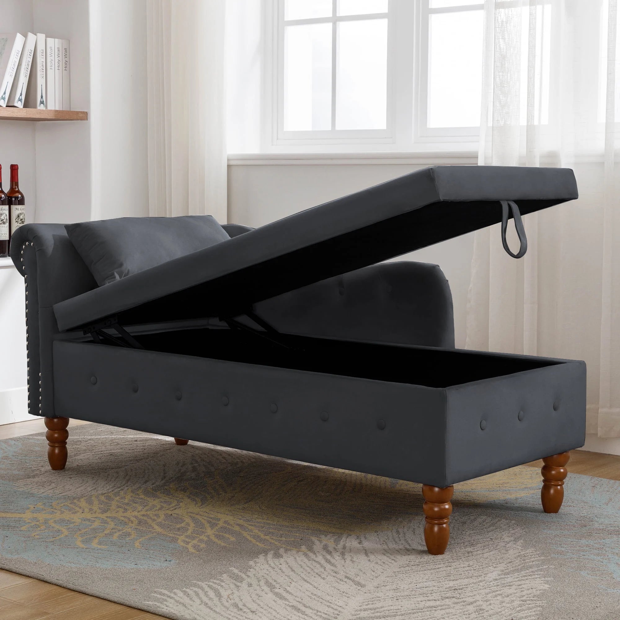 Black Velvet Chaise Lounge with Storage and Pillow L22734