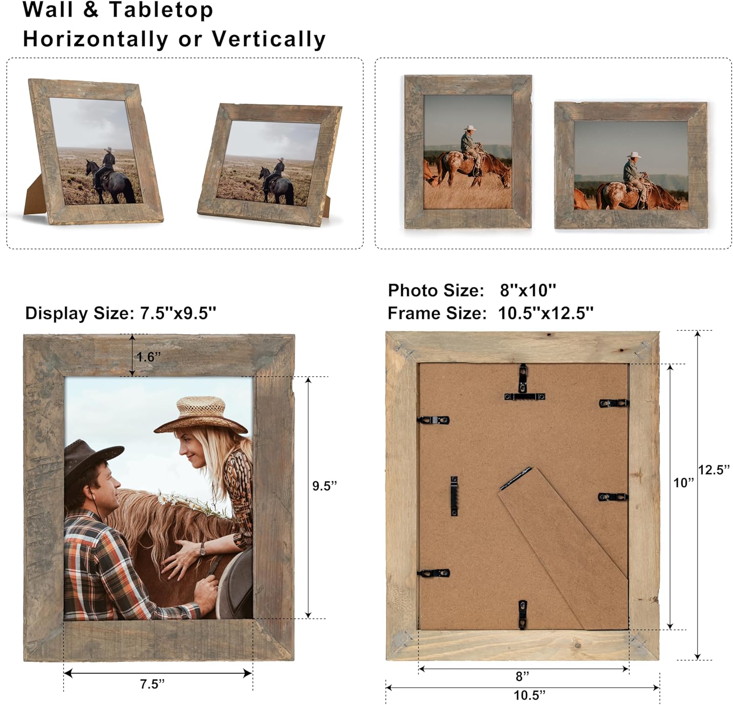 Rustic Reclaimed Wood Picture Frame 8x10 with Tempered Glass, Farmhouse Wall Decor V639643