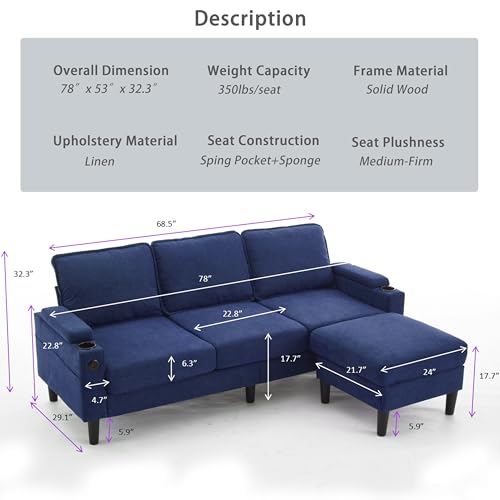 OUYESSIR L Shape Sectional Sofa Couch, 78" Linen 3 Seat with Storage Ottoman, Beige Z626700