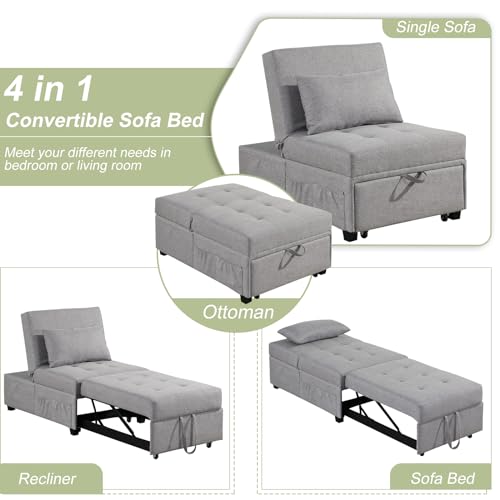 4 in 1 Convertible Sofa Bed Chair with Ottoman, Linen Fabric, Adjustable Backrest C365