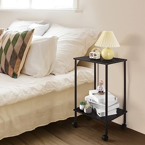 Vrisa End Table Set of 2 with Wheels, 2-Tier Narrow Side Table for Small Spaces, Black T3794