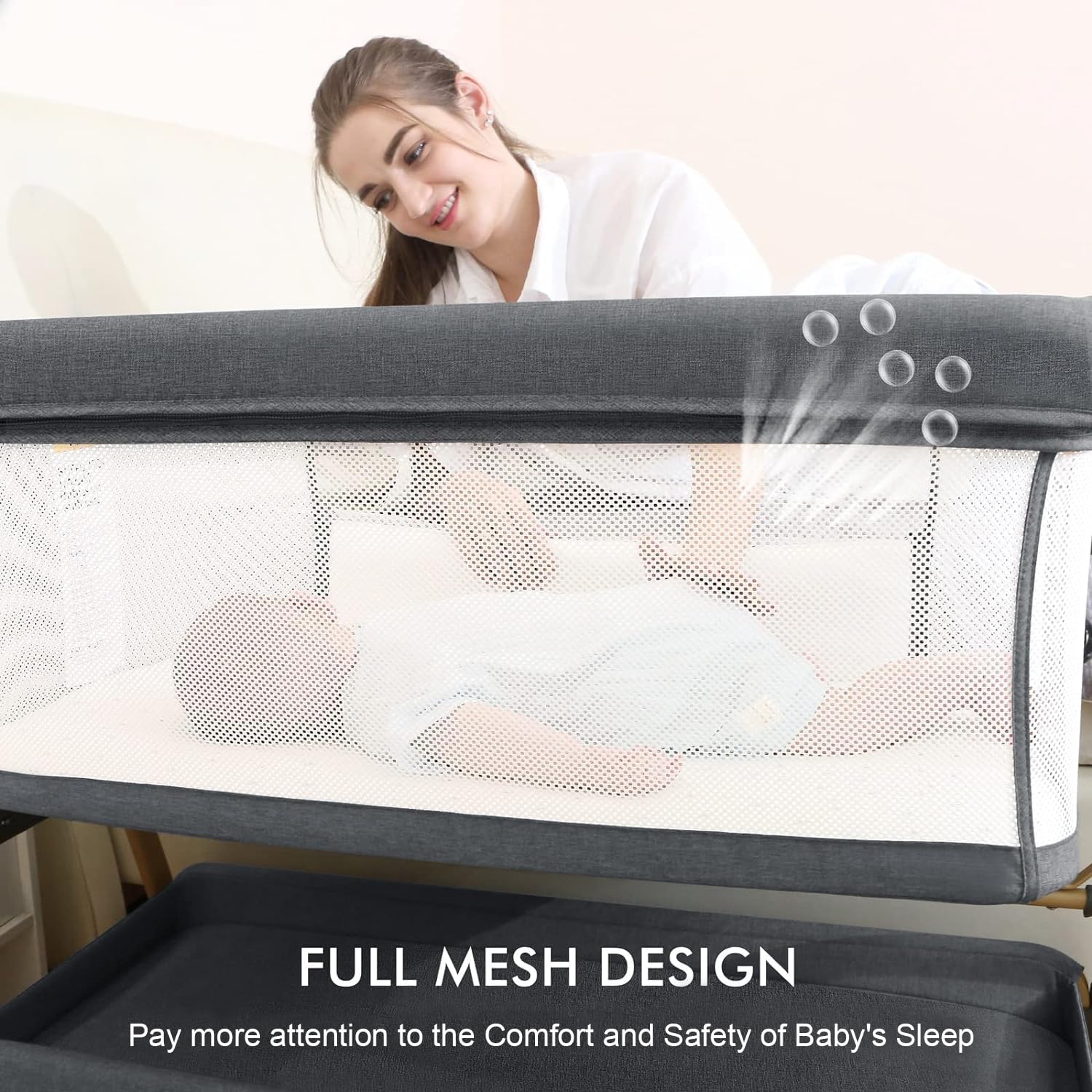 3 in 1 Baby Bassinet with Storage Basket and Wheels, Adjustable Height O351485