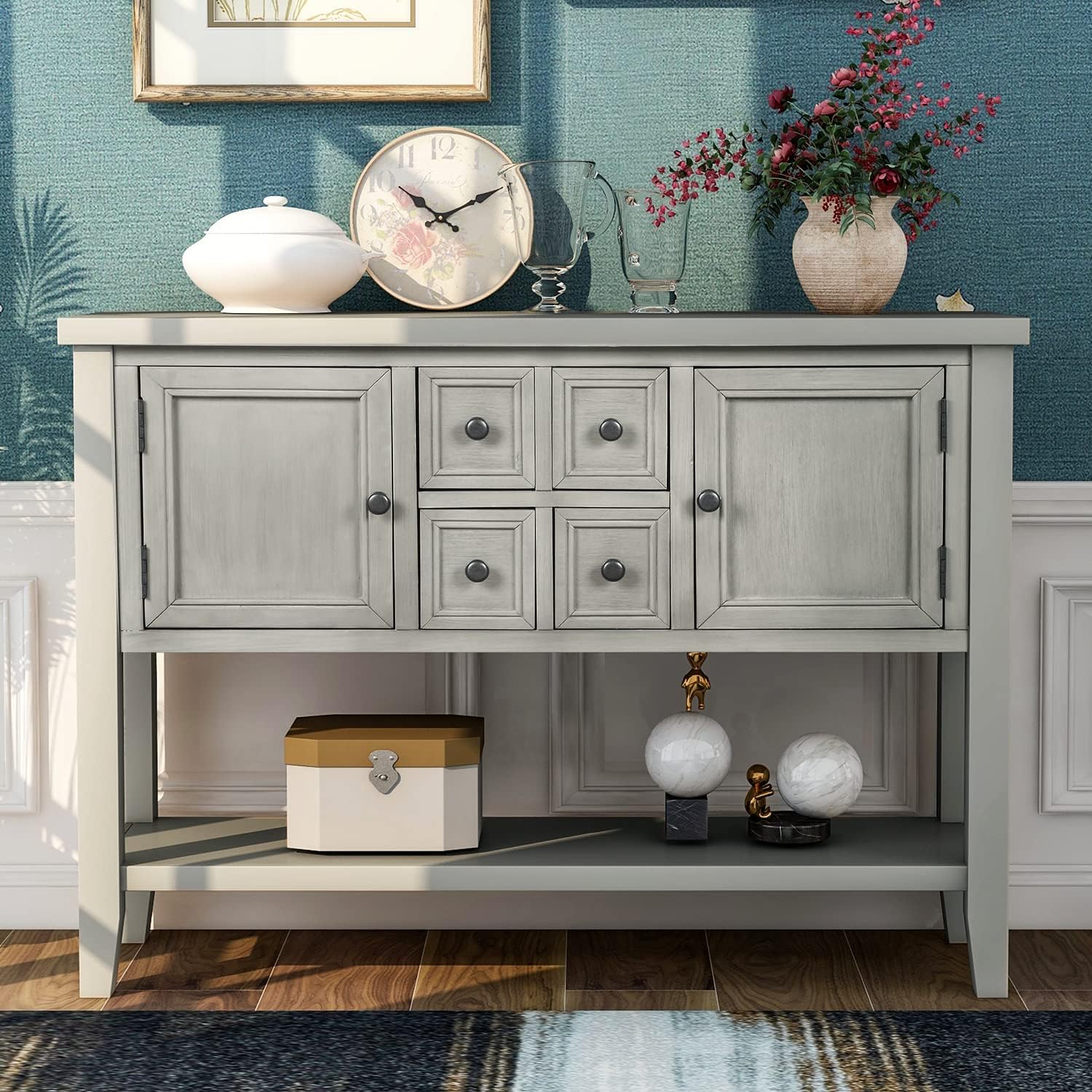 Farmhouse Vintage Console Table Sofa Table with 4 Drawers and Bottom Shelf, Solid Wood Buffet Sideboard Storage Cabinet for Entryway Living Room Kitchen Dining Room (Antique Gray)