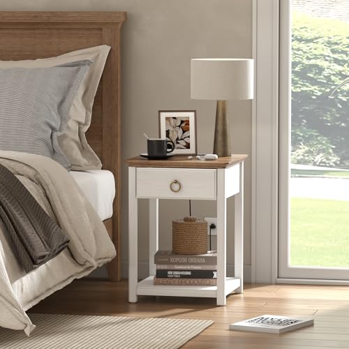 White Farmhouse End Table with Charging Station and Storage Y7066