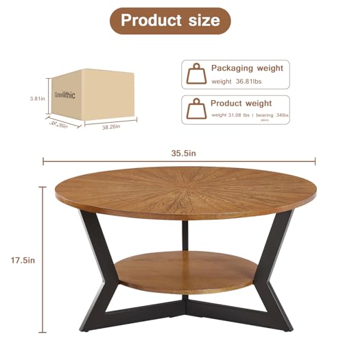 Round Wood Coffee Table with 2-Tier Storage Rack, Metal Legs, 35 x 35 x 17 in L99003