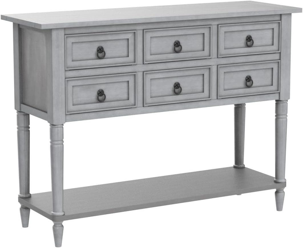 Farmhouse Vintage Console Table with 4 Drawers and Bottom Shelf, Solid Wood, Antique Gray F702450