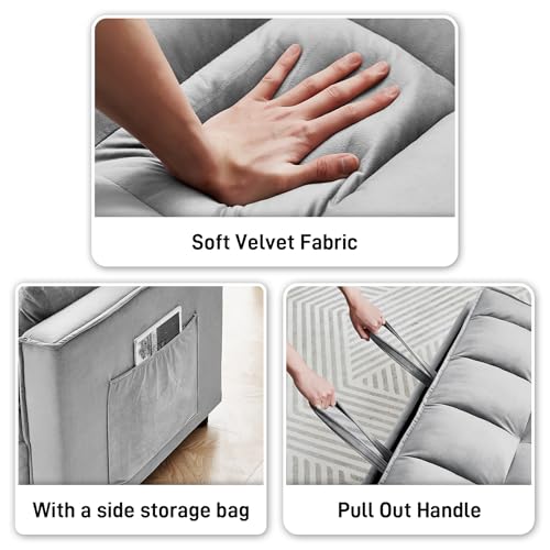 3 in 1 Convertible Sleeper Sofa Bed with Pullout Bed, Velvet, Beige I274535
