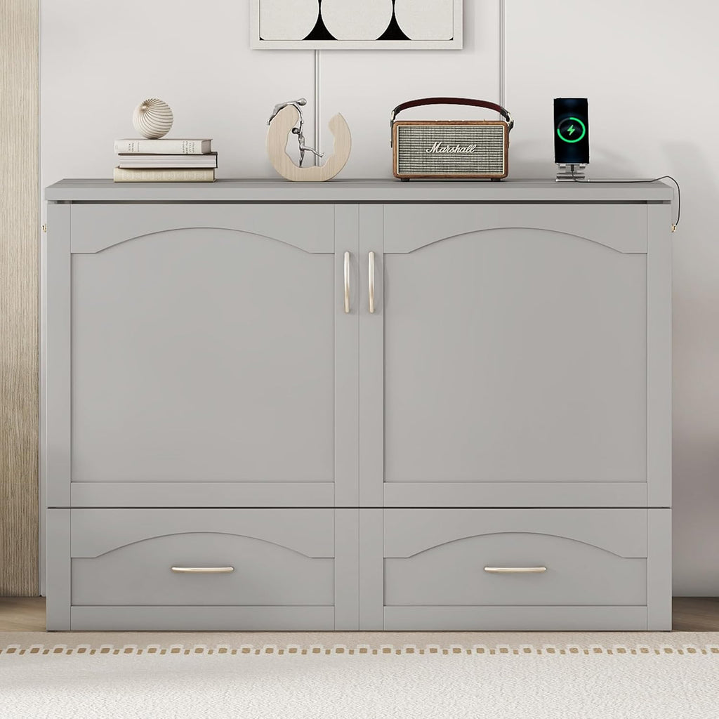 Full Size Murphy Cabinet Bed with Charging Station, Gray R7327