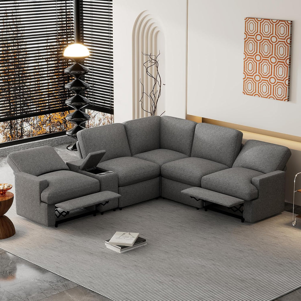 Merax 104'' L-shaped Power Recliner Sofa Couch, Modern Home Theater Reclining Sectional Corner Sofa with Storage Box, Cup Holders, USB Ports, and Power Socket for Living Room, Apartment, Dark Grey