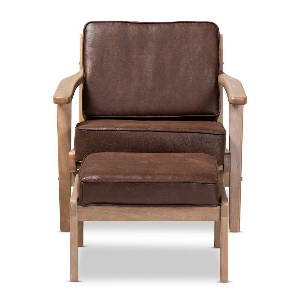 Bowery Hill Dark Brown Faux Leather Oak Armchair and Ottoman Set J30422