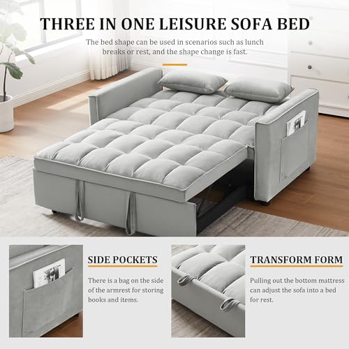 3 in 1 Convertible Sleeper Sofa Bed, Velvet Pull-Out Couch with Adjustable Backrest, Gray N451