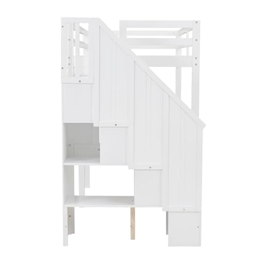 Harper & Bright Designs Twin Size Loft Bed with Stairs and Desks, White A4887