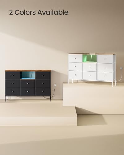 SONGMICS Chest of Drawers, 8-Drawer Fabric Dresser with Power Outlets and LED Lights, Ink Black and Rustic Brown C25075