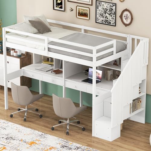 Harper & Bright Designs Twin Size Loft Bed with Stairs and Desks, White A4887