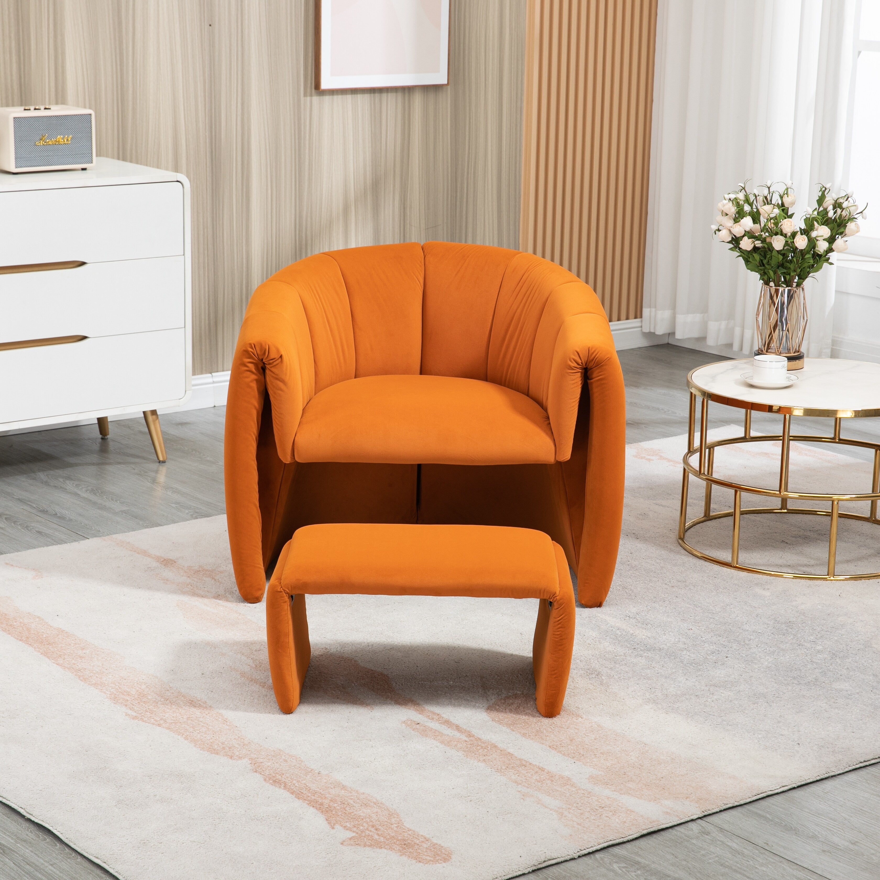 Modern Velvet Accent Chair with Ottoman Orange J219089