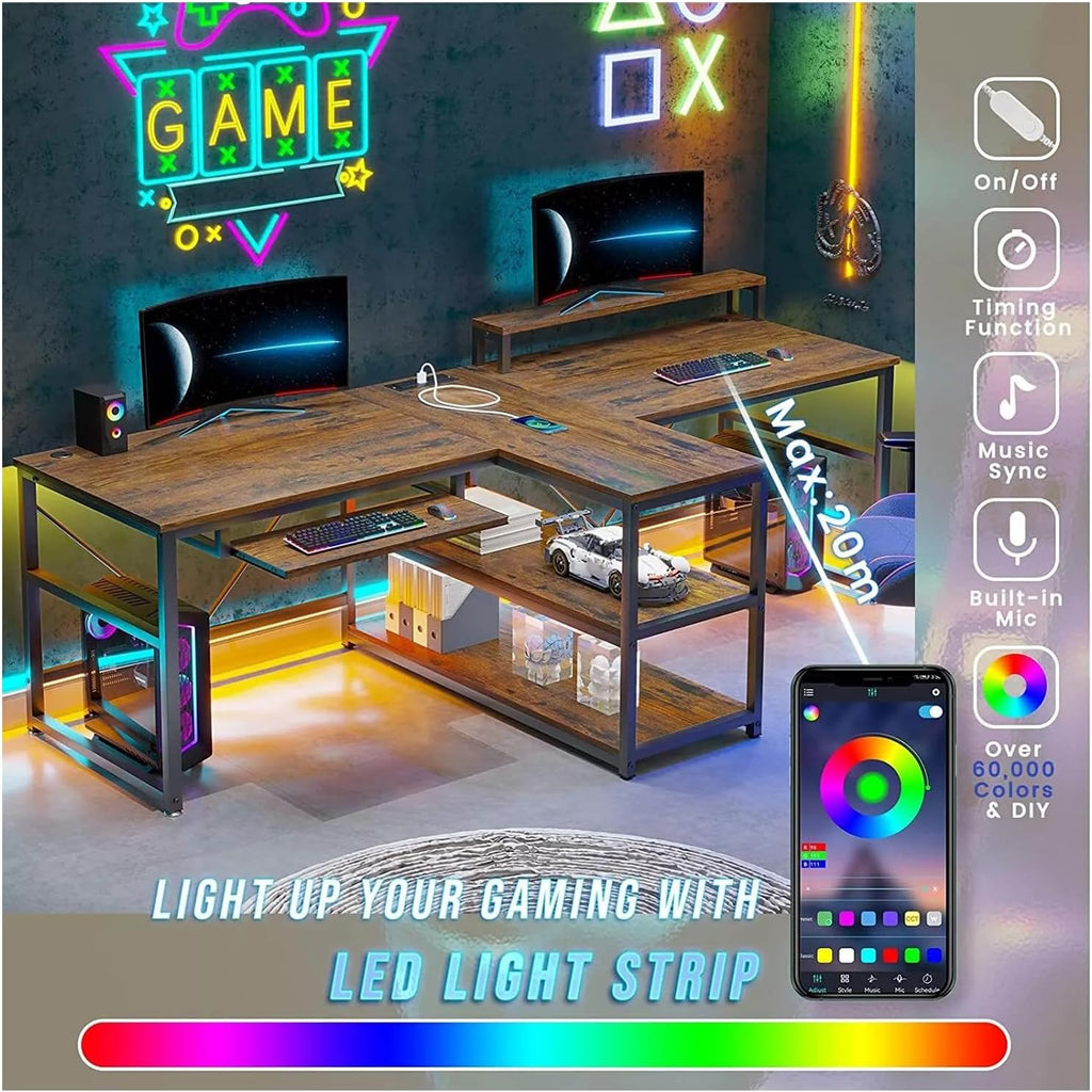 Brown 95 Inches Home Office Computer Gaming Desk for 2 Person with RGB LED Lights E66924
