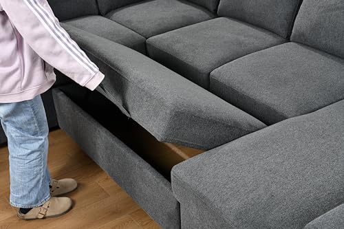 roomfitters 125'' U Shaped 7 Seat Sectional Sofa Couch with Storage, Light Gray J9659