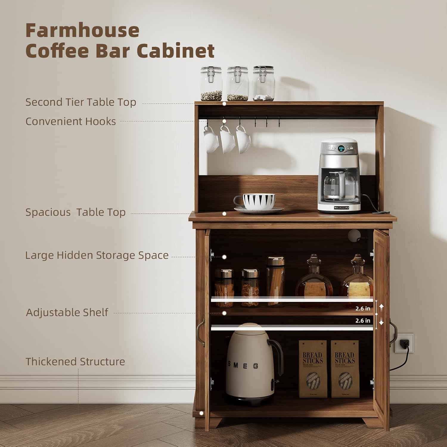 Walnut Farmhouse Coffee Bar Cabinet with Charging Station O887