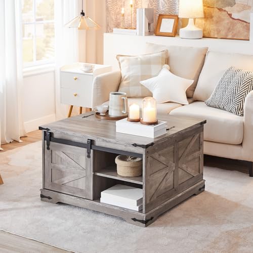 HOOBRO Farmhouse Lift Top Coffee Table, White and Walnut D7266