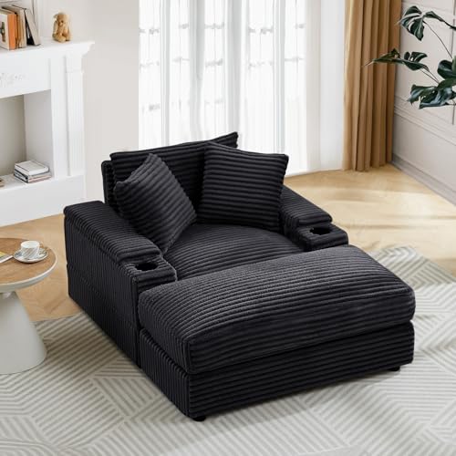 Modern Chaise Longue Indoor 86.6" 3 Seater Corduroy Sofa with Ottoman, Green Z39954