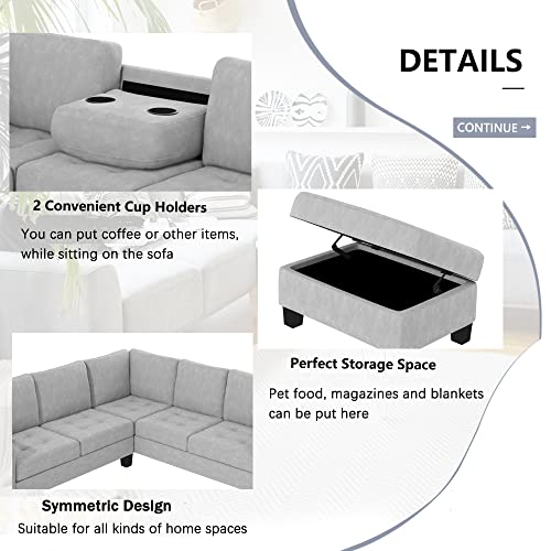 L-Shape Sectional Sofa with Storage Ottoman, Light Grey X911071