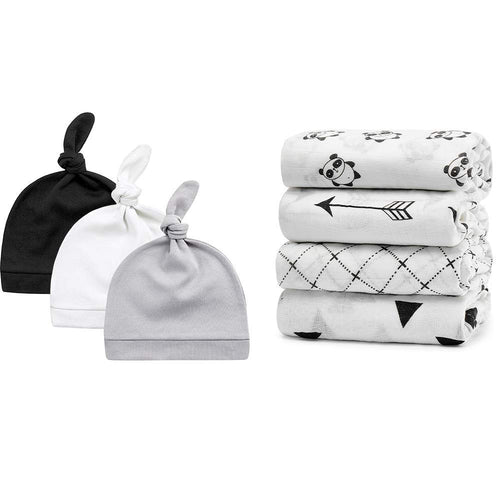 KiddyCare Baby Hats & Muslin Baby Swaddle Blankets - Soft Knotted Cap for 0-6 Months and Large Neutral Receiving Blankets