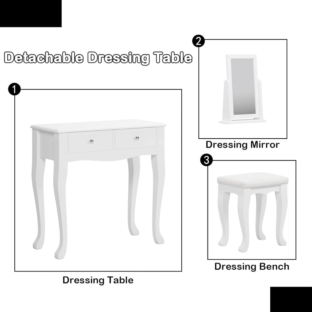 sogesfurniture Vanity Dressing Table Set with Pivoting Mirror and Stool, White X62280