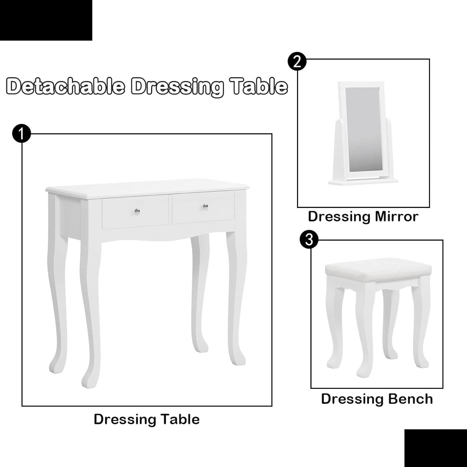 sogesfurniture Vanity Dressing Table Set with Pivoting Mirror and Stool, White X62280