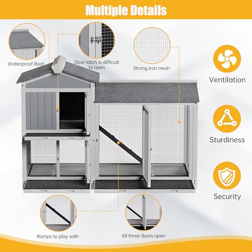 Rabbit Hutch Indoor Outdoor Bunny Cage 63" with Removable Trays, Grey L29660