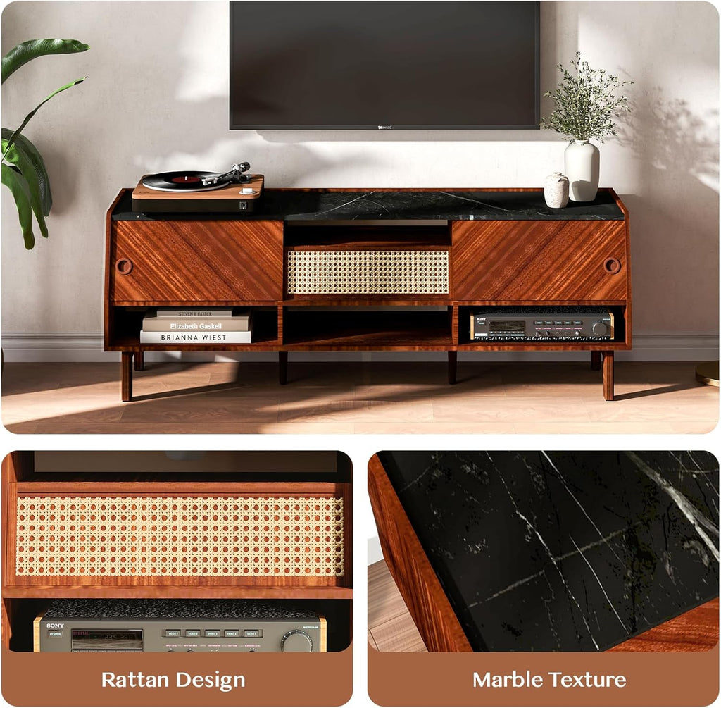 Mid Century Modern TV Stand for 75 Inch TV with Rattan Drawer, Walnut Z868