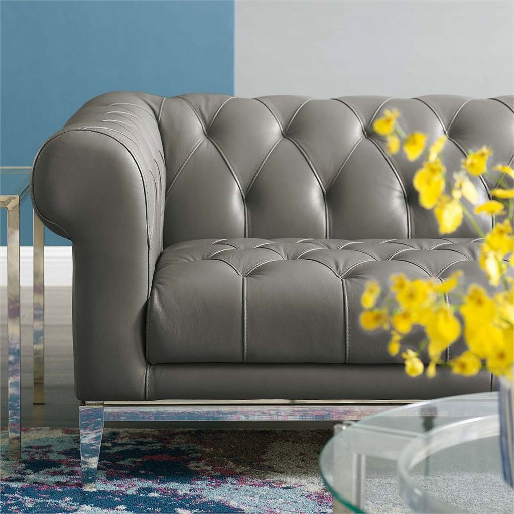 Pemberly Row Leather Button Tufted Chesterfield Loveseat Gray Y896217