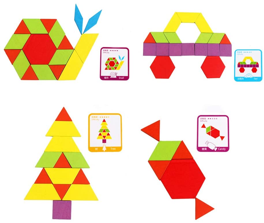 ISHANTECH 155 Pcs Wooden Pattern Blocks Set Geometric Shape Puzzle Montessori Tangram Toys for Kids Ages 4-8 C5106
