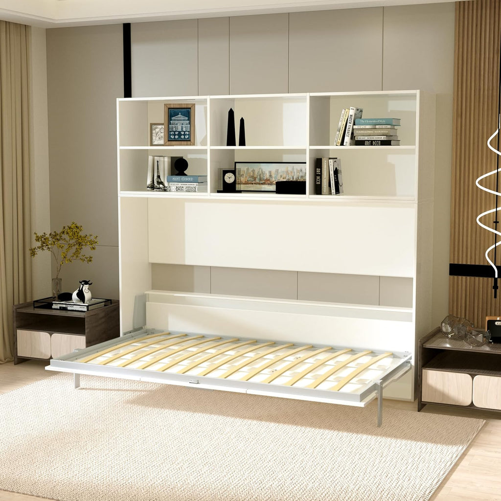 Twin Size Murphy Bed Wall Bedframe with Storage Shelves, White M2870