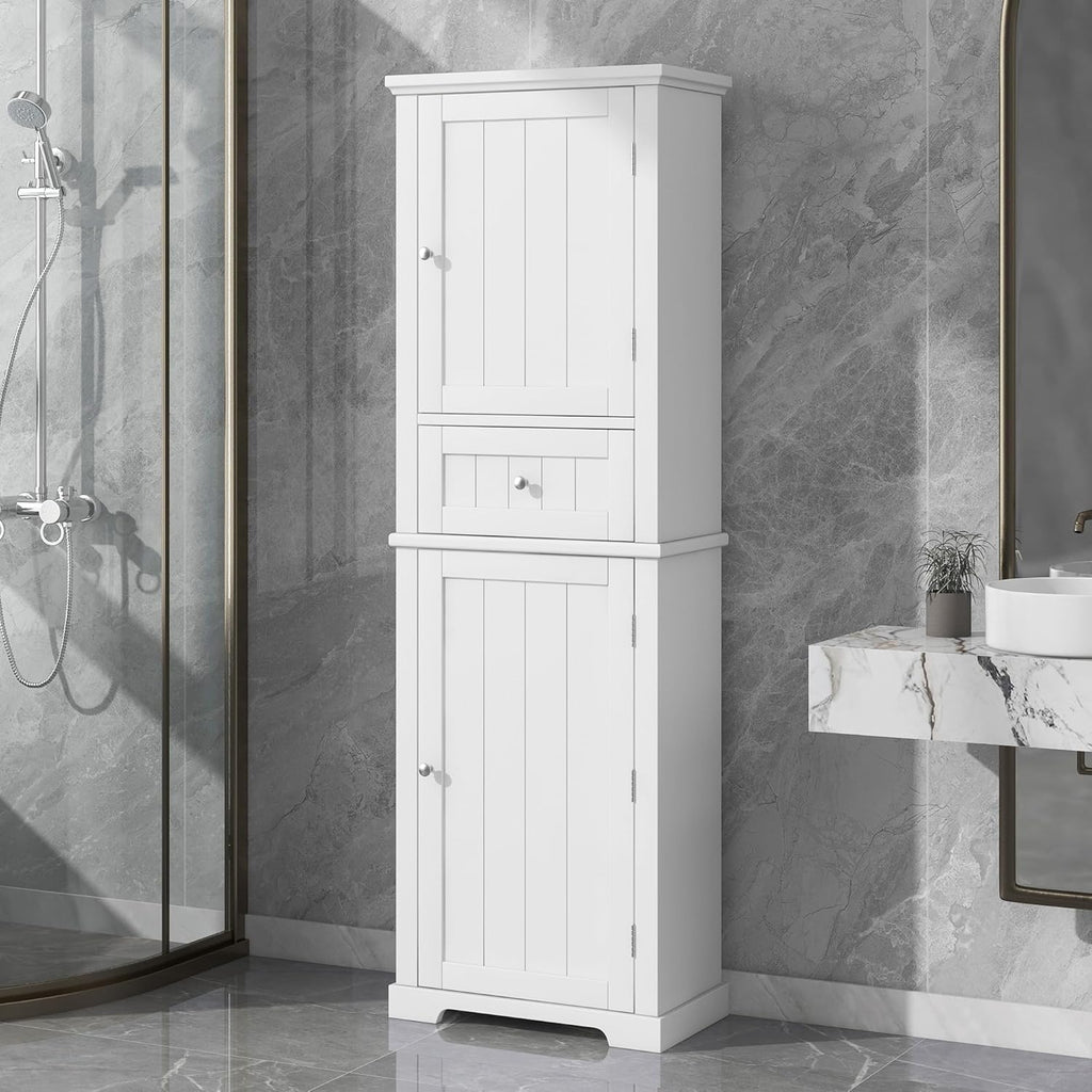 DofFo Tall Linen Bathroom Storage Cabinet with 2 Doors and 1 Drawer, White H558024