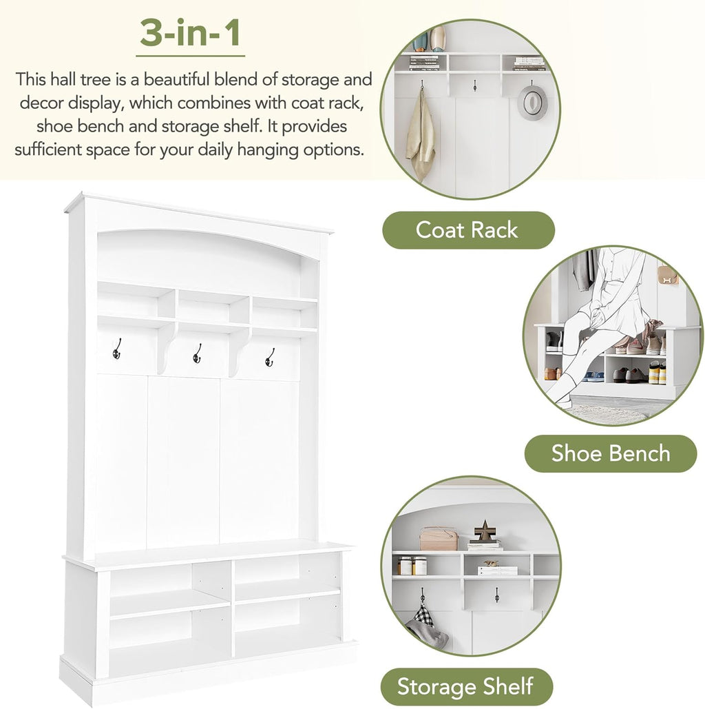 47.2" White Hall Tree with Bench, Hooks & Shelves W3810