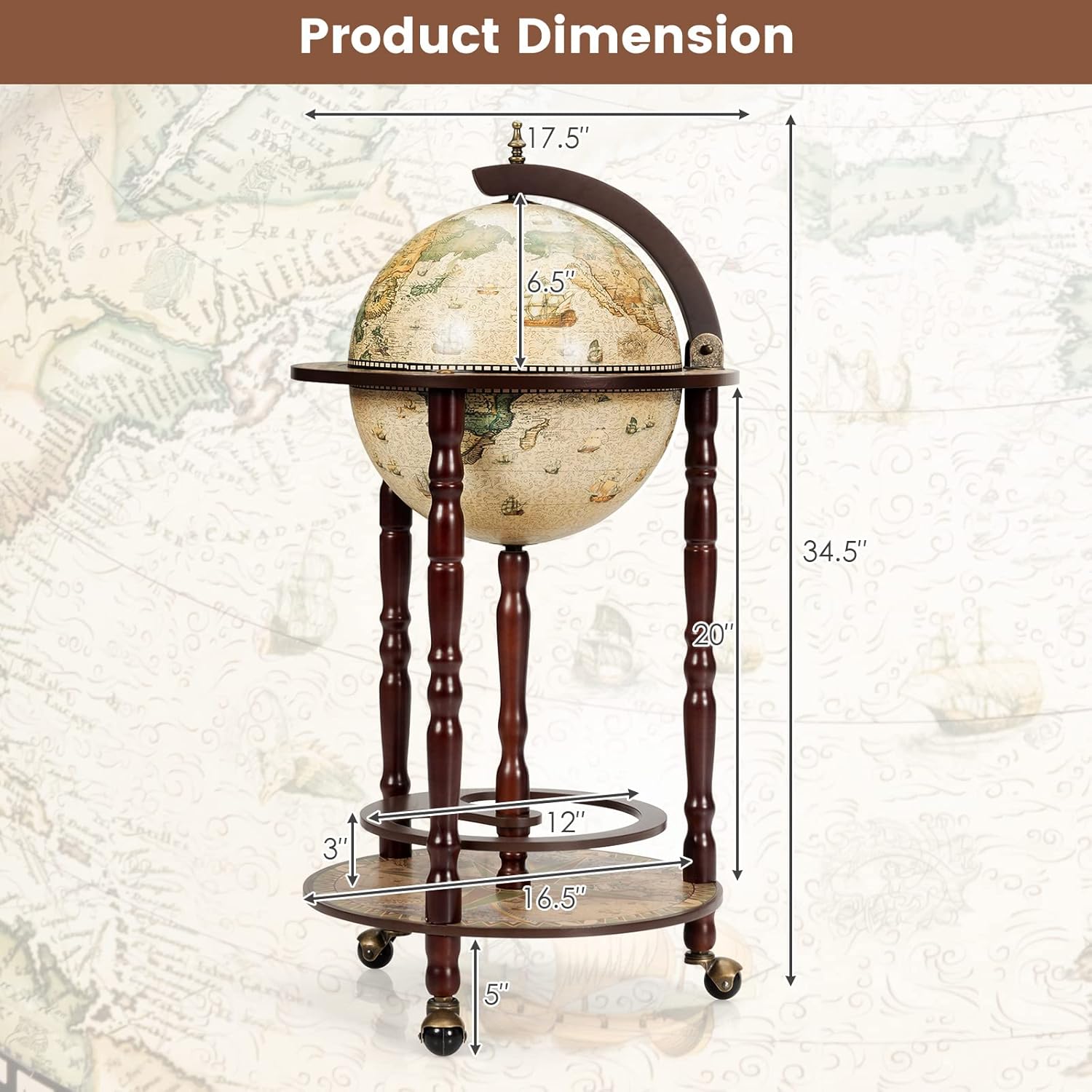 Wood Globe Wine Bar Stand with Wheels, Creamy White T9135