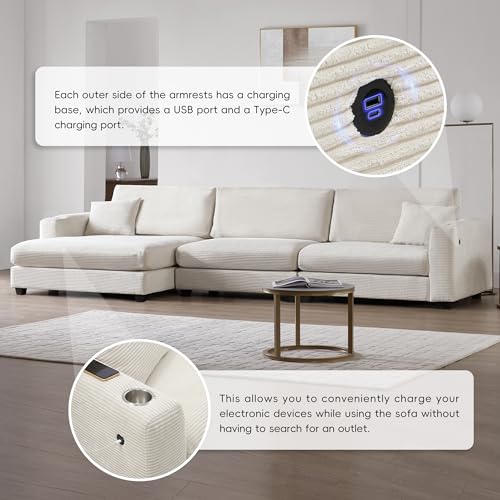 PURLOVE Oversized Corduroy Sectional Sofa with USB Port and Cup Holder Y613870