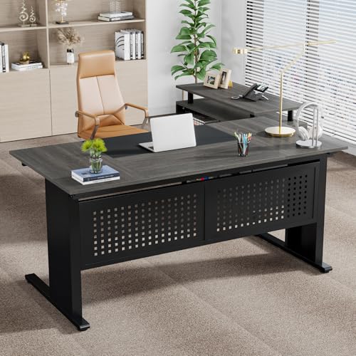 Tribesigns 63 Inch Executive Desk with File Cabinet, L Shaped Computer Desk, Gray and Black I266197